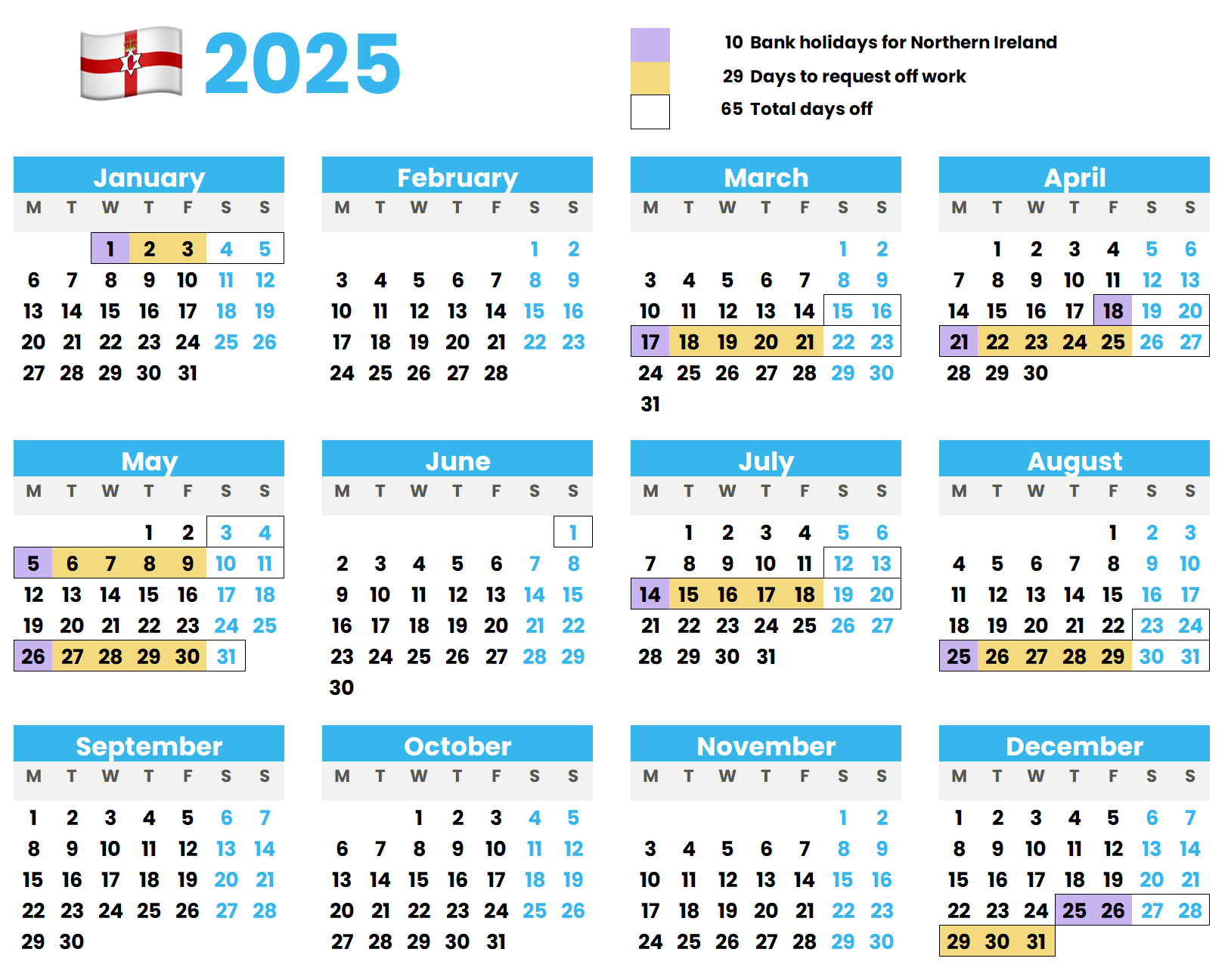 Calendar showing how to maximise annual leave for Northern Ireland UK