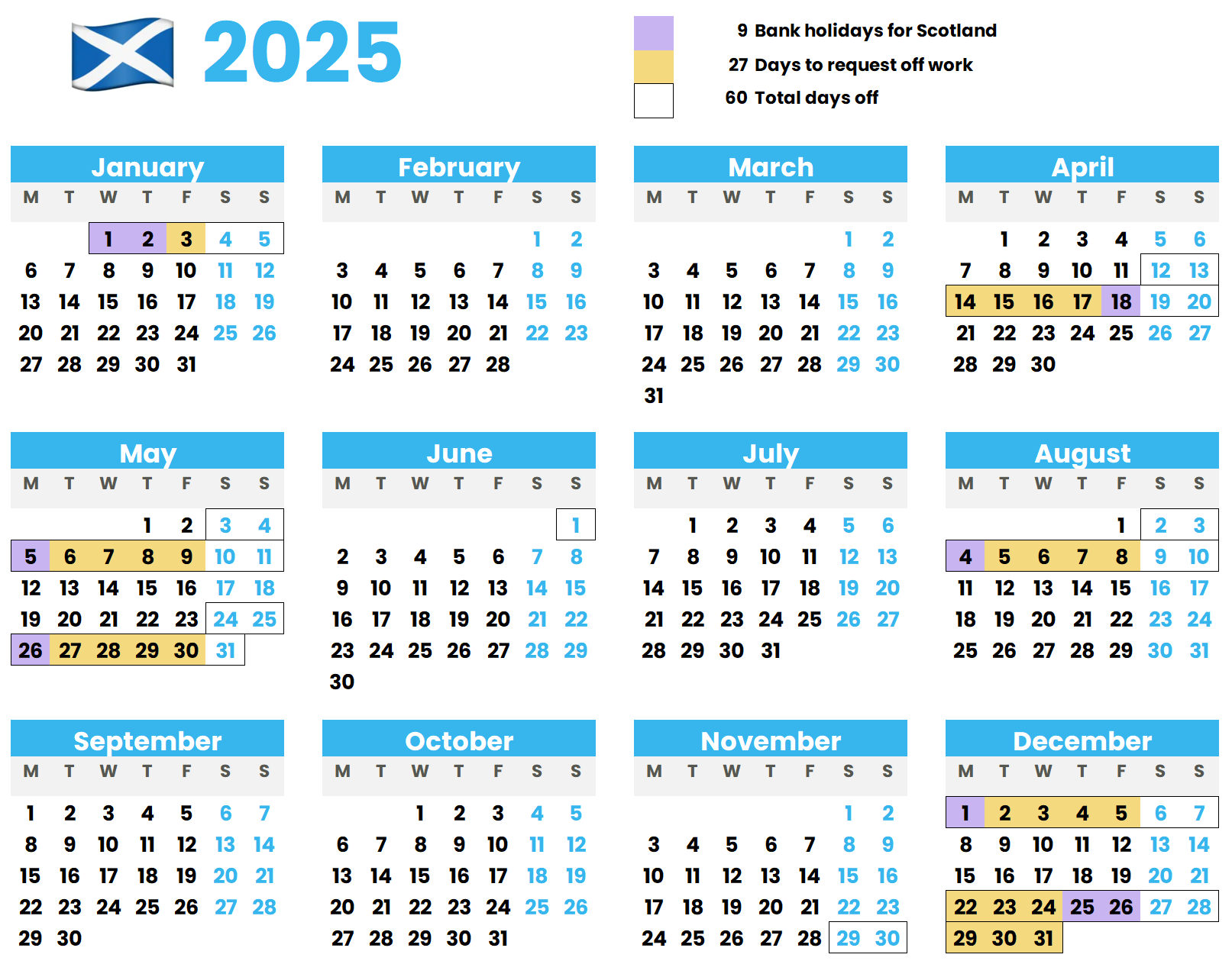 Calendar showing how to maximise annual leave for Scotland UK