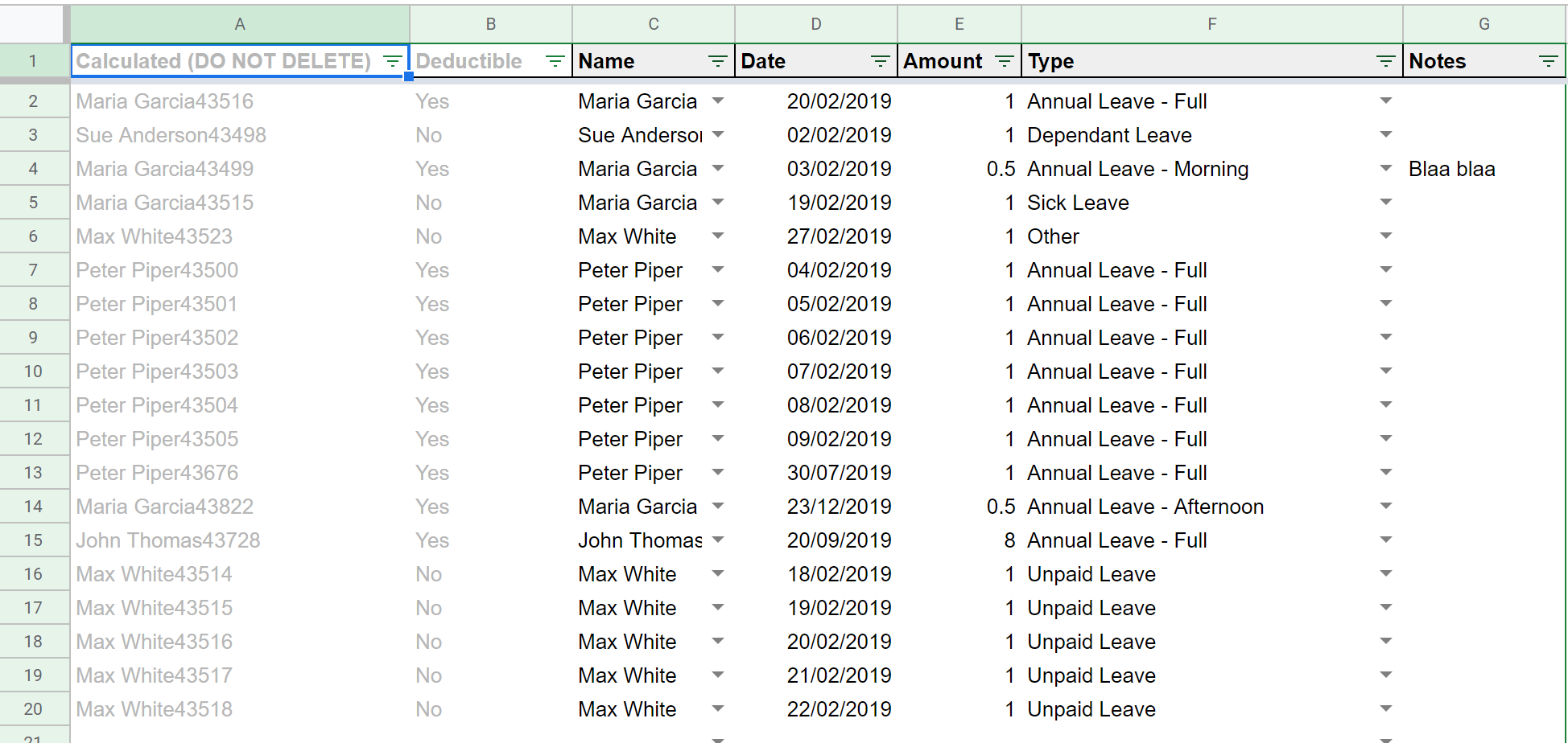 Google Sheets Leave