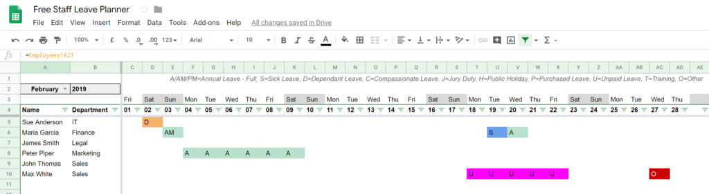 Google sheet staff leave tracker