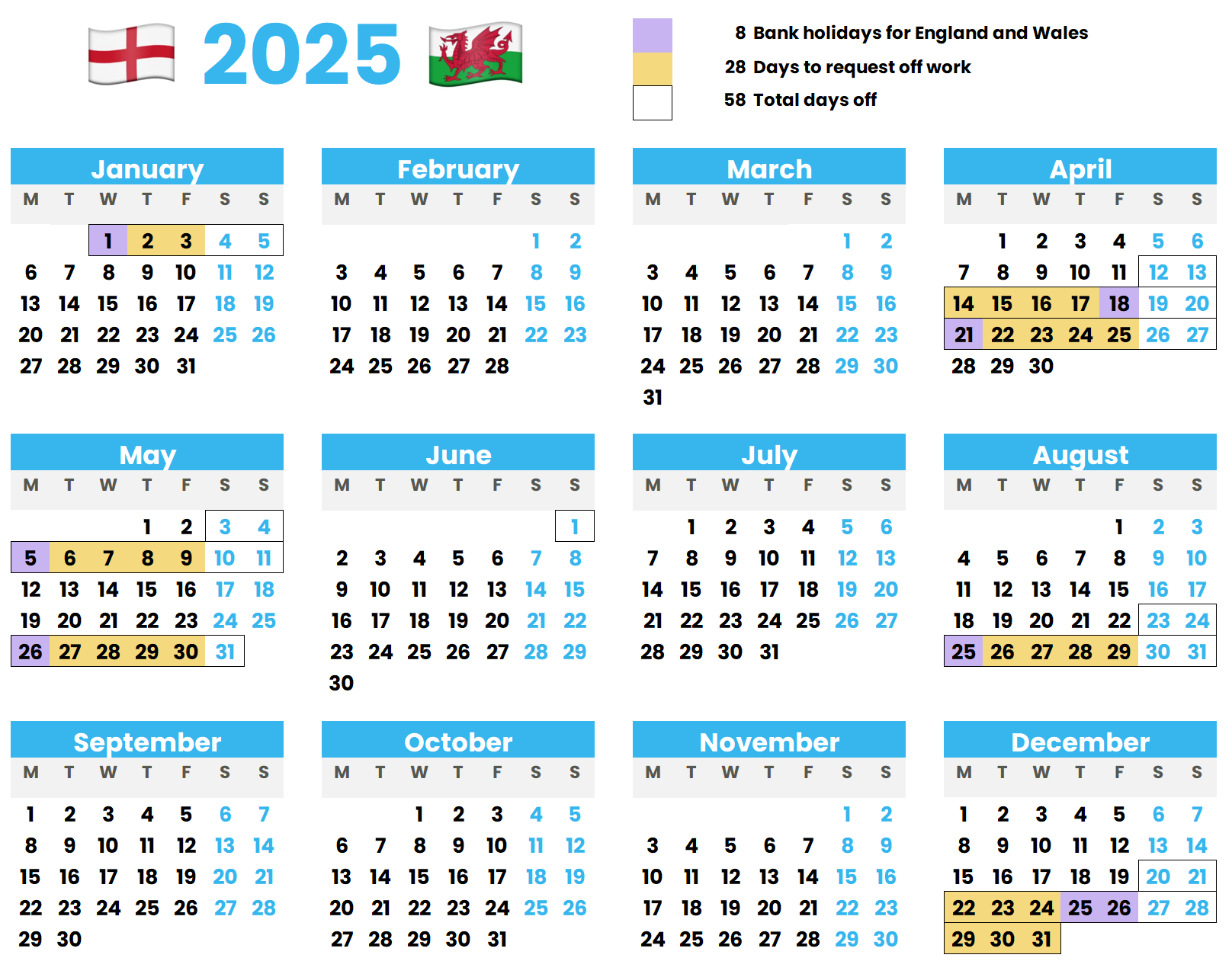 Calendar showing how to maximise annual leave for England UK